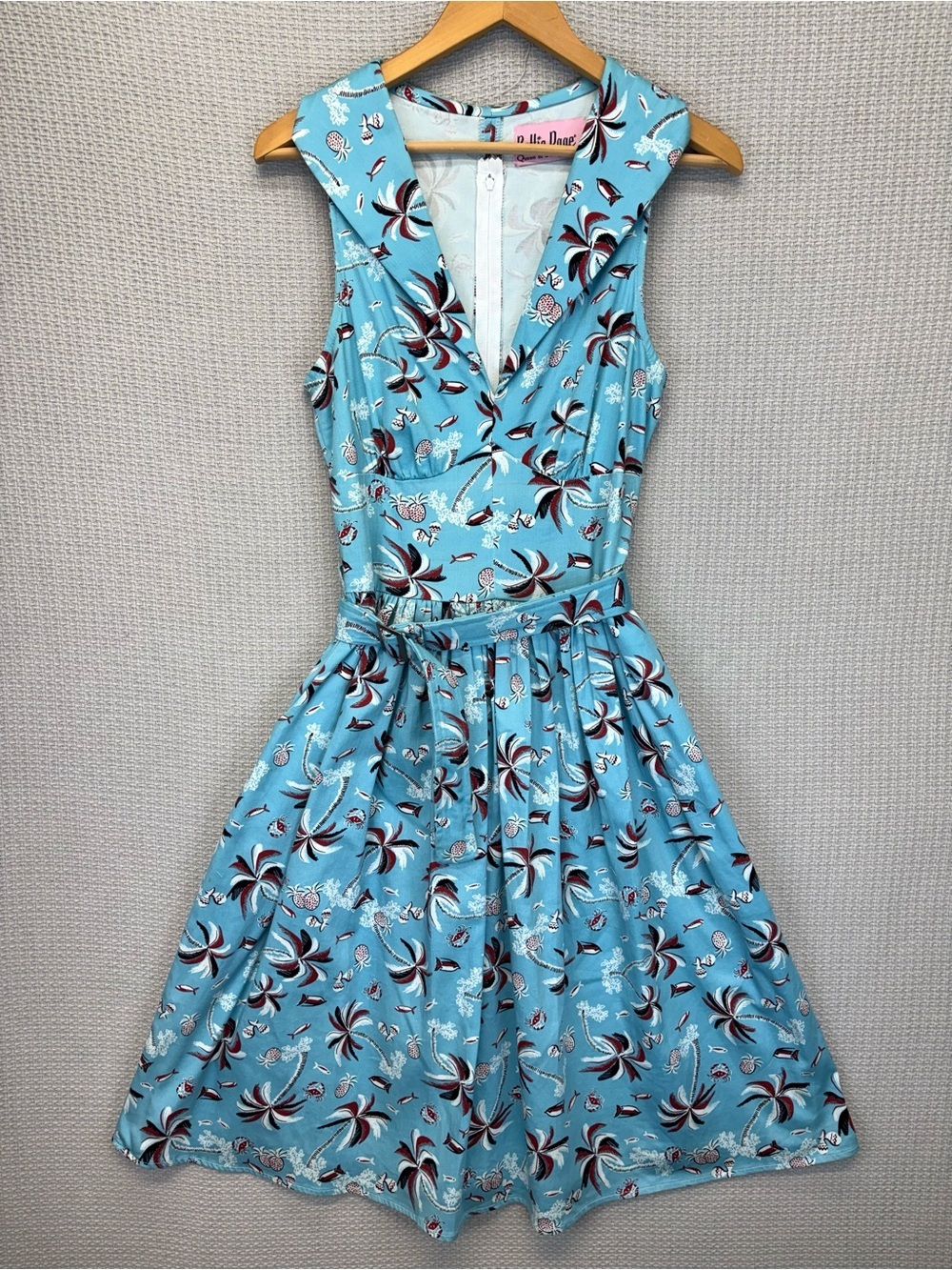 Vtg Bettie Page Hawaiian Fit & Flare Pin Up Blue Dress Sz 10 Retro Vacay Mini